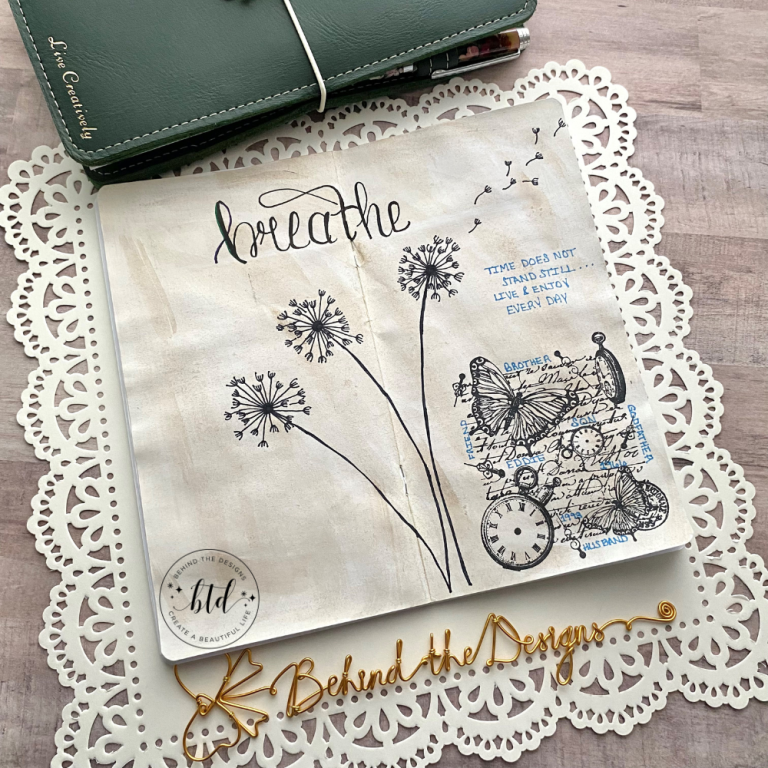 Breathe Memory Journal Spread Using Watercolor Lettering and Vintage Stamp