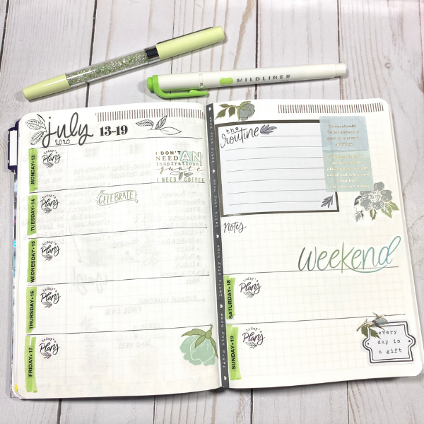 Bullet Journal Weekly Spread using Happy Planner Homebody Stickers Quotes