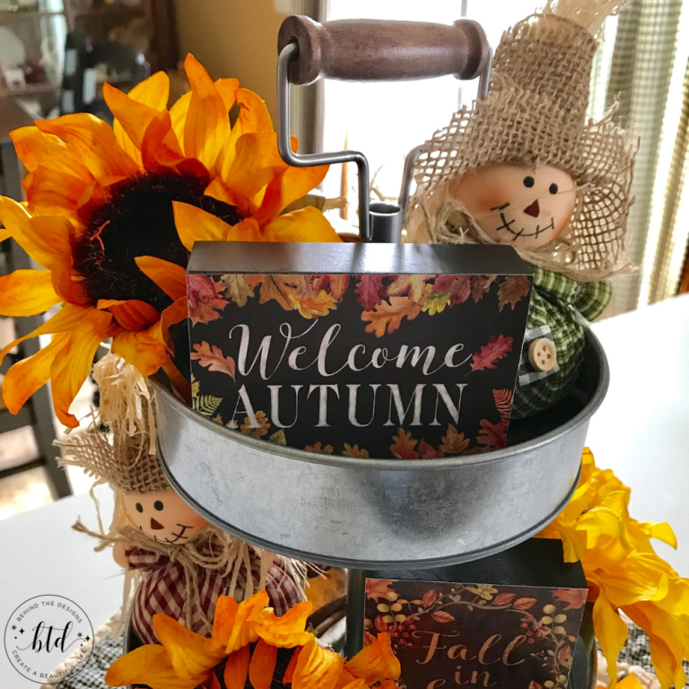 Fall Tiered Tray Decor in Farmhouse Sunflowers