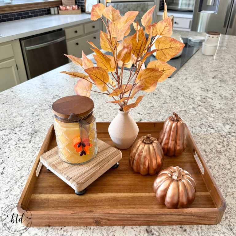 Simple Fall Tray Decorating Idea Featuring Copper Pumpkins